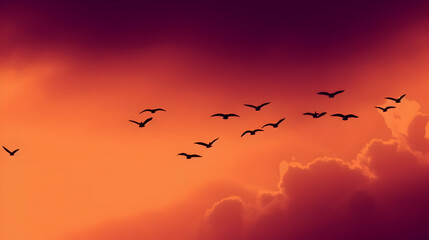 Fototapeta premium A flock of birds flies across a vibrant orange and purple sky