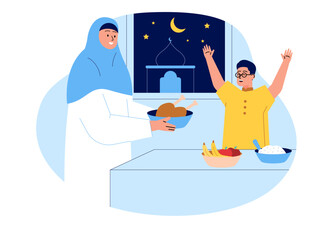 Muslim mother giving chicken to her son Illustration. Moslem illustration. Flat vector illustration concept.