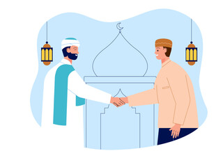Muslim people wishing ramadan greeting Illustration. Moslem illustration. Flat vector illustration concept.