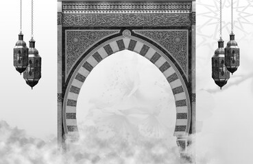 Islamic background for a mosque in gray, a background for Ramadan. Social media posts .Muslim Holy...