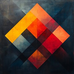 Fototapeta premium Abstract geometric art composition with vibrant orange, red, and yellow shapes on a dark background conveying energy and movement