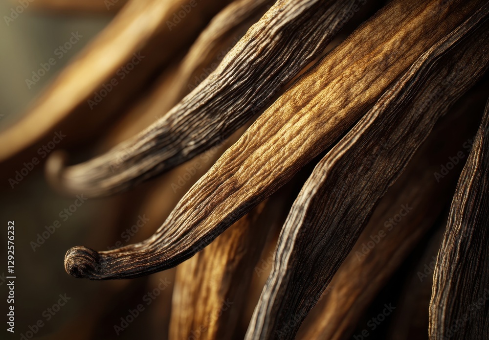 Aufkleber close-up of dried vanilla beans with rich texture and natural patterns captured in soft lighting for