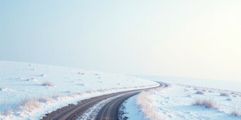 Obraz premium Serene Winter Road Winding Through a Snowy Landscape Under a Pale Sky