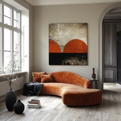 Modern living room interior design featuring curved orange sofa, abstract wall art, wooden flooring, large windows, and natural light
