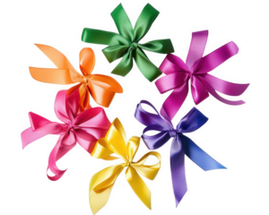 Colorful ribbons and bows arranged in festive display, perfect for celebrations and gift wrapping. Their vibrant hues add joy and charm to any occasion
