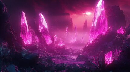 Fototapeta premium Neon Pink Crystal Cave: A Surreal Landscape