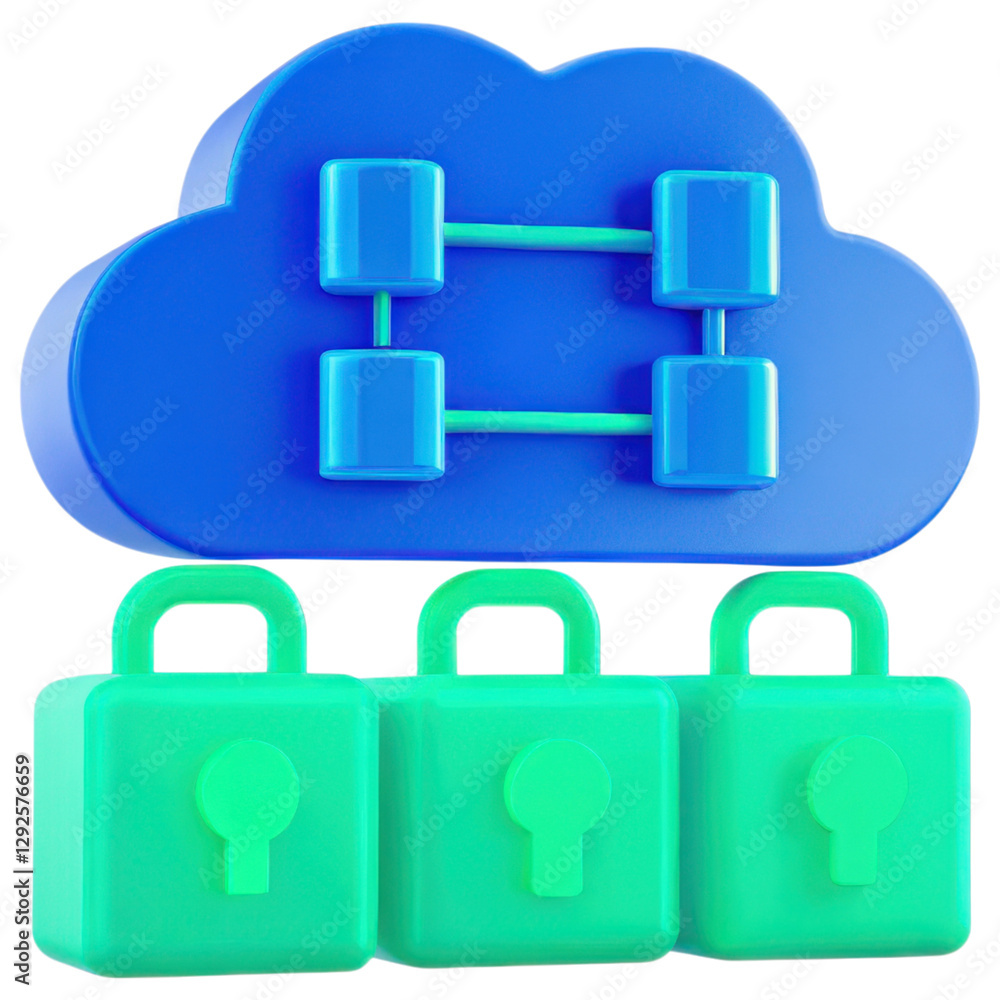 Poster secure cloud storage concept, cloud storage security with locks and connections clipart photo isolat