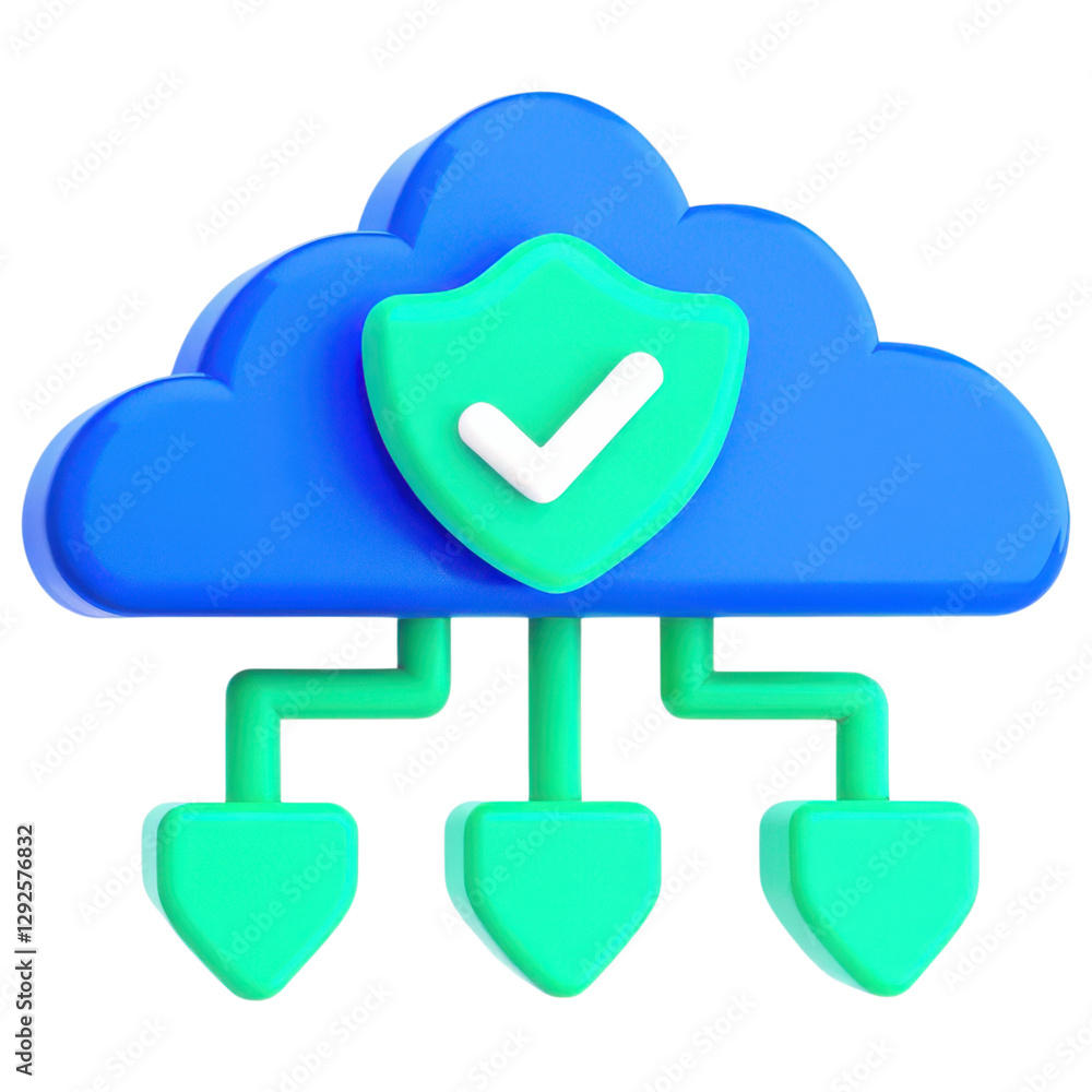 Poster secure cloud storage concept, cloud network with cybersecurity shield icon clipart photo isolated on