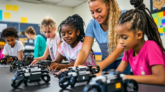 Students learn robotics by building and programming miniature vehicles in a classroom during afternoon activities
