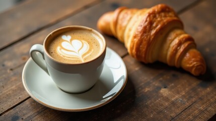 Aromatic Coffee with Delicate Latte Art Served with a Buttery Croissant on Rustic Wooden Table
