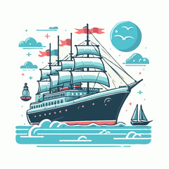 A cartoon illustration of a ship with sails, showcasing vibrant colors and whimsical design against a clear blue sky.