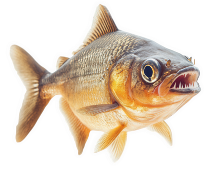 tiny piranha with sharp teeth, isolated on transparency background, showcasing its fierce appearance and vibrant colors. This fish is known for its predatory nature and distinctive features