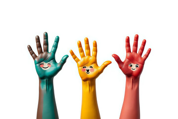 Fototapeta premium Family concept. Three colorful painted hands with smiling face of family, mother, father and baby. Small, medium and large hand. Symbol unity, growth, ready for your logo. Isolated on white background