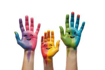 Family concept. Three colorful painted hands with smiling face of family, mother, father and baby. Small, medium and large hand. Symbol unity, growth, ready for your logo. Isolated on white background