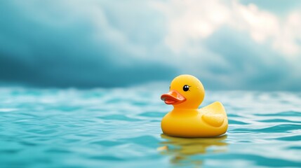 Yellow rubber duck floating on blue water under a cloudy sky. Childhood and playfulness concept.
