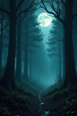 Fototapeta premium Enchanted Forest Path Under a Full Moon's Mystical Glow, a Serene and Ethereal Night Scene