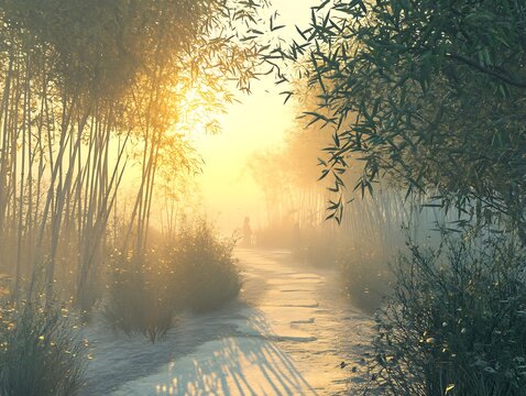 Sunrise path through bamboo forest - Powered by Adobe
