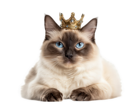 cat with tiny crown looks regal yet silly, showcasing its playful personality. striking blue eyes and fluffy fur add to its charm and uniqueness