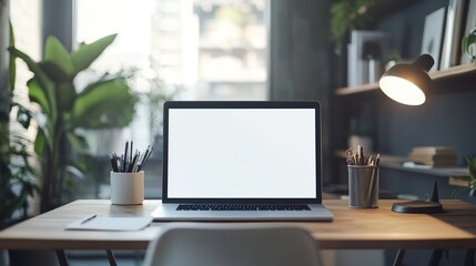 Fototapeta premium Modern office workspace with minimalist desk, laptop with blank screen, and stylish interior design featuring natural lighting and contemporary decor for a productive and professional work environment