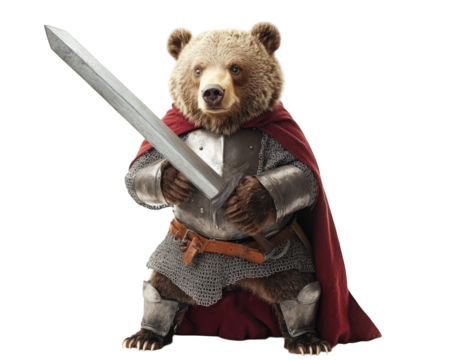 bear dressed as knight, holding foam sword, exudes playful and adventurous spirit. This whimsical character captures imagination with its unique attire and stance