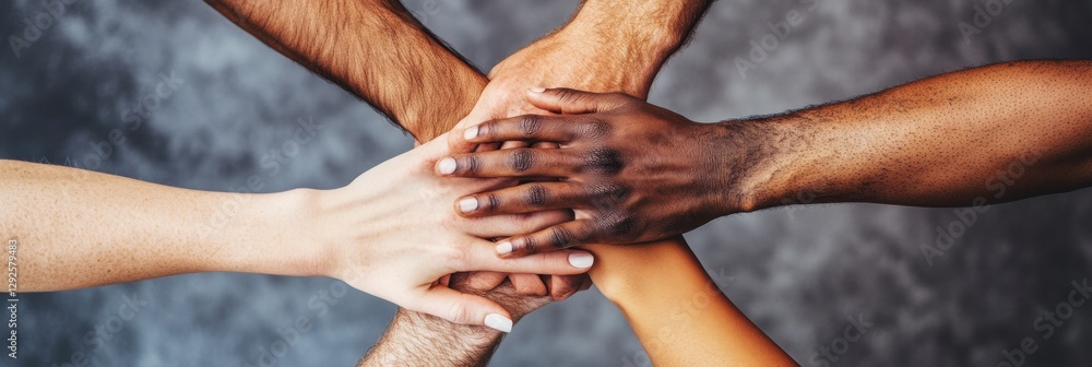 Poster diverse group joins hands in a cozy team bonding circle for coaching programs. generative ai
