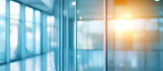 Modern office interior with glass walls and natural light streaming in, creating bright and airy atmosphere