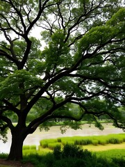 Obraz premium A large tree with a vast canopy hanging over a calm riverbank, offering shade and peace in a lush, green environment