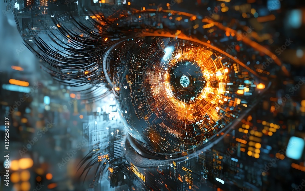 Poster futuristic aipowered robotic eye analyzing fluctuating stock market data in a vibrant, digital cyber