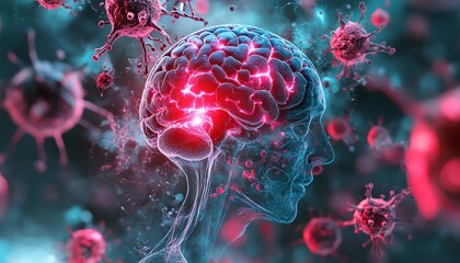3D illustration of meningitis inflammation on the brain and spinal cord, showcasing the effects of infection and swelling in vivid detail