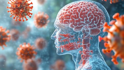 3D illustration of meningitis inflammation on the brain and spinal cord, showcasing the effects of infection and swelling in vivid detail