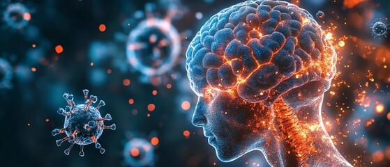 3D visualization of meningitis inflammation in the brain and spinal cord, highlighting the severity of infection and its impact on the nervous systems function