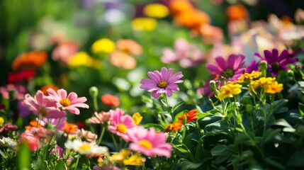 Obraz premium Vibrant flower garden in sunlight, colorful blossoms, nature's beauty, suitable for spring, summer, or floral themes