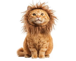 cat dressed as lion with makeshift mane, showcasing playful and humorous expression. This adorable feline captures attention with its unique costume
