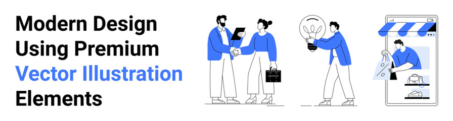 People shaking hands, discussing ideas, and exploring e-commerce setup. Ideal for teamwork, brainstorming, collaboration, creativity, entrepreneurship, online shopping flat landing page banner