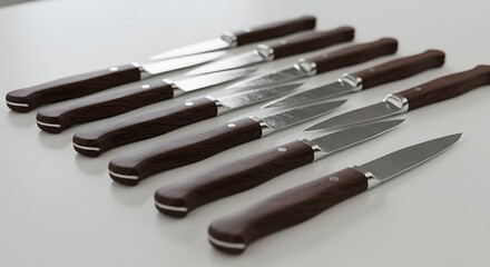 A set of sharp steak knives with wooden handles, neatly arranged on white