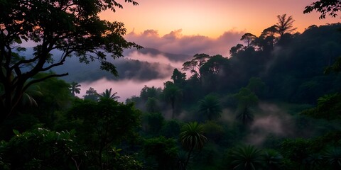 Naklejka premium A Tranquil Jungle at Twilight, the Emerald Canopy Illuminated by Soft Mist and Faint Glowing Lights