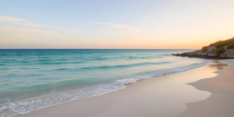  Sunrise Glow Over Soft Turquoise Waters and Quiet Sandy Beach, Peaceful Horizon