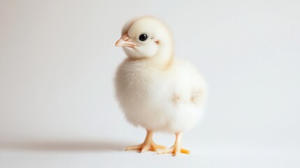 Obraz premium Adorable fluffy chick standing against a soft white background, highlighting innocence and new beginnings. Cute animal and springtime theme concept.