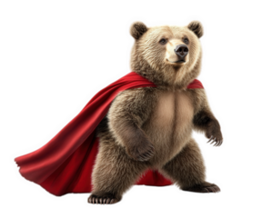 bear dressed as superhero, striking playful pose with red cape. This whimsical image captures fun and imagination of bear pretending to be hero