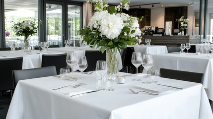 Elegant restaurant tablescape, white peonies centerpiece, modern background