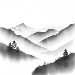  Serene Mountain Landscape in Ink Painting with Soft Grayscale Tones
