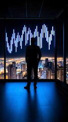 Silhouette of a Businessman Gazing at Stock Chart and Cityscape at Night From High Rise Office