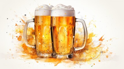 Refreshing Beer in Glass Mugs with Vibrant Watercolor Background
