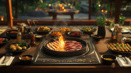 Korean BBQ table setup with meats and banchan, top view, vivid studio lighting for a highly professional, detailed look