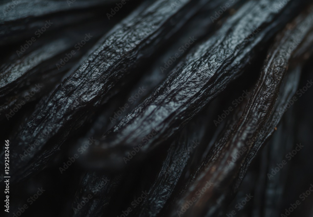 Poster close-up view of raw dark vanilla beans with rich texture and natural color variation on black backg