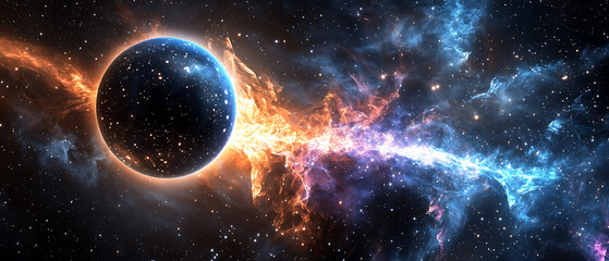Obraz premium Cosmic collision of blue and orange nebulae outer space digital art galactic environment spectacular viewpoint stellar concept