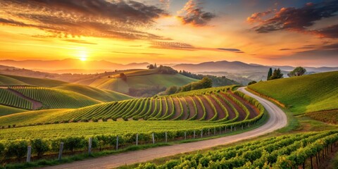 Naklejka premium Serene Vineyard Landscape at Sunset Rolling Hills, Lush Greenery, and a Winding Country Road