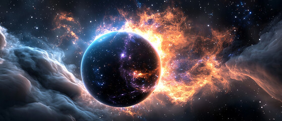 Obraz premium Cosmic explosion event outer space digital art surreal environment wide angle view universe concept