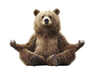bear in yoga pose exudes serene yet comical vibe, showcasing tranquility and humor. This unique image captures essence of relaxation and mindfulness