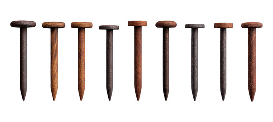 Row of vintage wooden nails in varying wood tones showcasing carpentry and woodworking craftsmanship, Isolated on Transparent Background Cutout